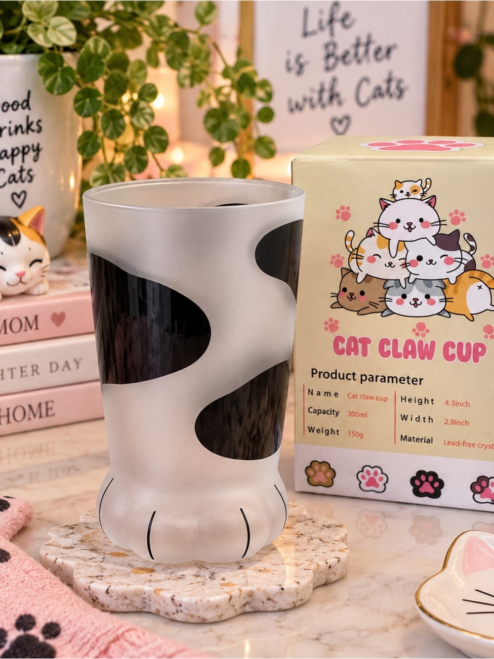 Cat Claw Cup Frosted Black & White Cat Paw Glass - Cute Pet Drinkware